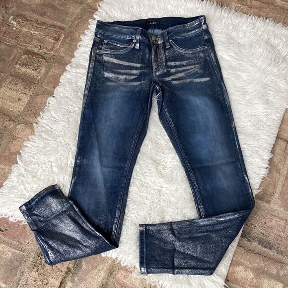 Bebe Precious Metal Icon Silver Rain Metallic Denim Jeans Size 27 Made USA 🇺🇸 - Picture 1 of 12